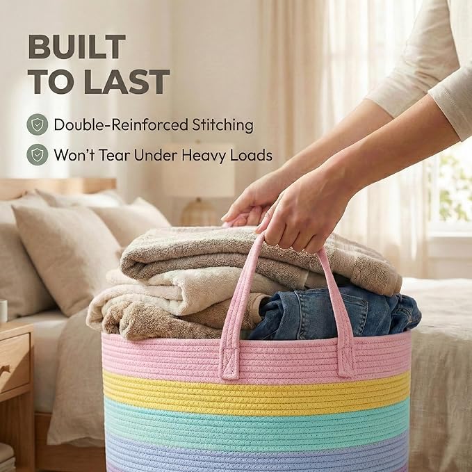 115L Extra Large Blanket Basket for Living Room - Woven Cotton Rope Laundry Hamper with Reinforced Handles - Storage Bin for Pillows, Comforters & Toys - Machine Washable,Rainbow