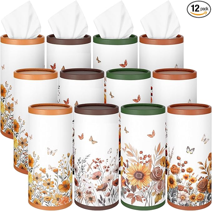 12 Pack Spring Floral Tissue Boxes for Car Cylinder Bulk Wildflower Round Cylinder Holder with 3 Ply Facial Tissues for Spring Travel Bathroom Office Decoration Supplies