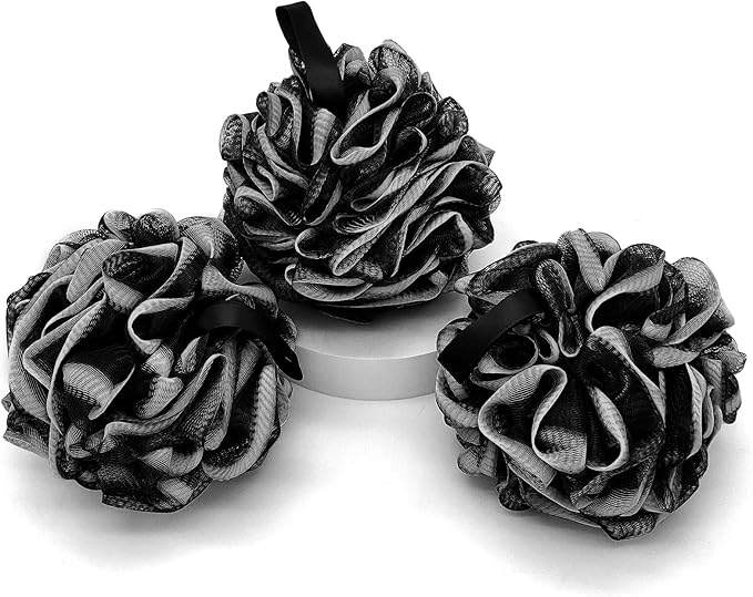 Loofah Charcoal Bath Shower Sponge Body Scrubber,75g XL Exfoliate Mesh Pouf Shower Bouquet,3 Pack Black Large Bath Sponge for Women and Men