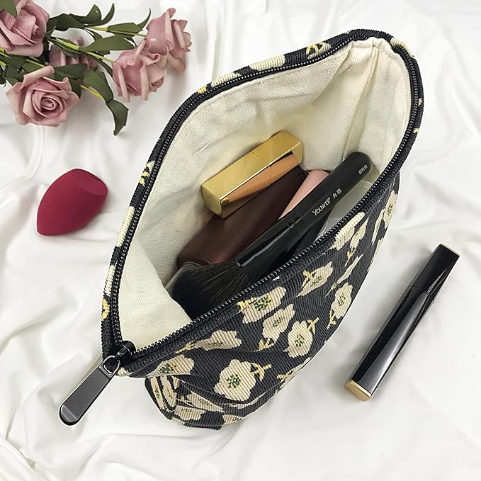 GUTGNK Corduroy Ladies Cosmetic Bag, Large Capacity Canvas Cosmetic Bag Travel Toiletry Bag Accessories Organizer, Black Plum