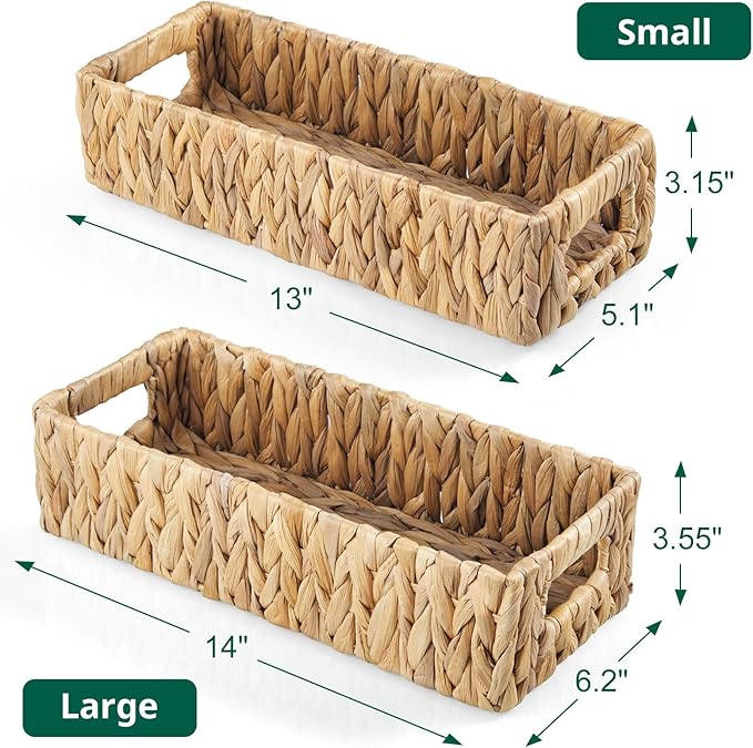 dreamkey Nesting Wicker Storage Baskets for Organizing with Handles - Small HandWoven Water Hyacinth Toilet Paper Basket for Back of Toilet Tank Top - Storage Baskets for Coutertop Organizer, 2 Pack