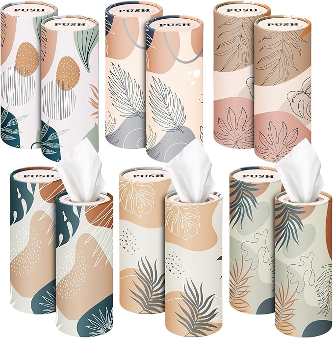 Outus 12 Pcs Boho Car Tissues Cylinder Holder with 3 Ply Facial Tissue Bulk Black White Round Tissue Holder Travel Tissues Boxes Container for Car Cup Wedding Birthday Party