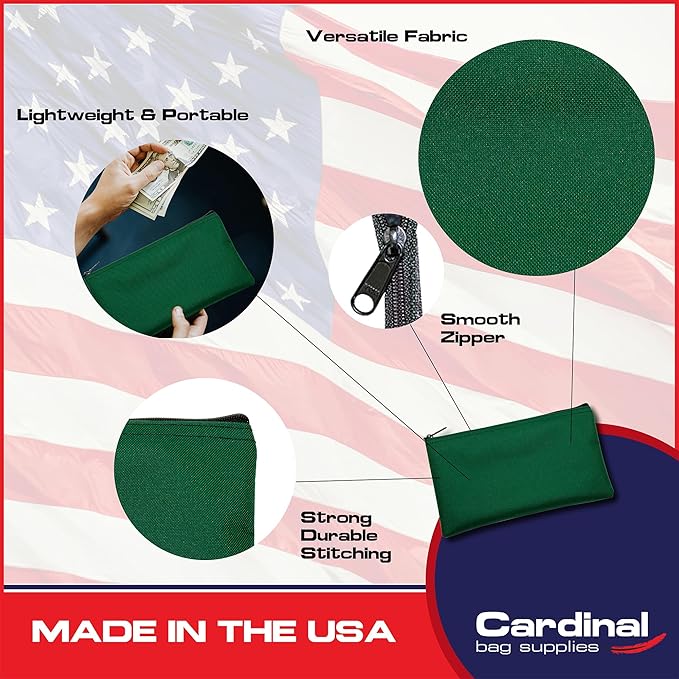 Multipack of 2 Compact Zipper Cloth Pouches, Zipper Bag, Travel Toiletry, Cosmetics, Stationary Case, 11 x 6 inches (Forest Green)