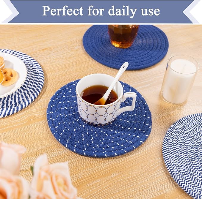 SHACOS 10 Inches Trivets for Hot Dishes, 4 Pieces Cotton Trivets Mats for Kitchen, Hot Pads for Countertops and Table, Heat-Resistant Pot Holders for Hot Pots and Pans(Deep Blue, 4pcs)