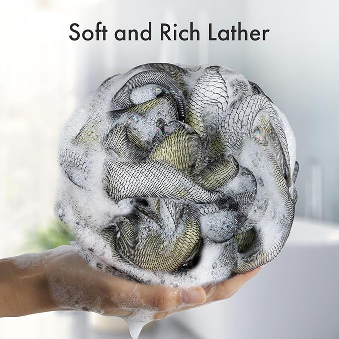 AmazerBath Charcoal Loofah Sponge, Large Shower Loofah 75g/PCS - Body Scrubber Loofa Set of 4 - Charcoal Blue, Gray, Pink & Army Green, Bath Sponge for Men and Women