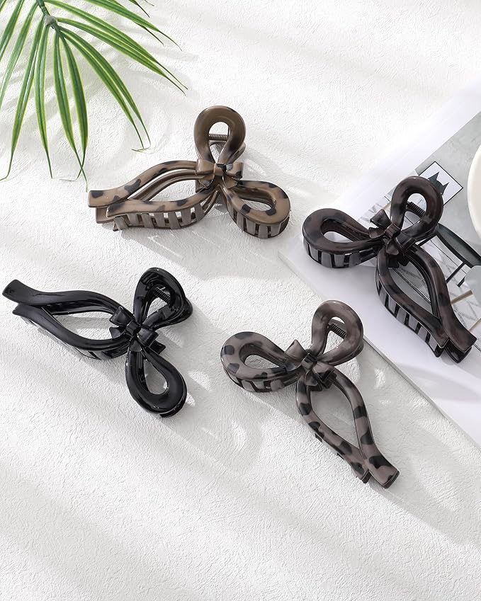 4 PCS Bow Hair Clips Bow Claw Clip for Women Nonslip Large Hair Claw Clips for Thin and Thick Hair Strong Hold Hair Bows (Black+Leopard Print)