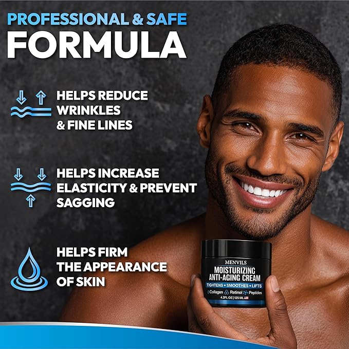 Mens Face Moisturizer Cream - Anti Aging & Wrinkle Repair - After Shave Lotion for Men with Collagen, Retinol, Peptides, Jojoba Oil - Age Facial Skin Care - Lightweight Day & Night Cream - 4.2 OZ