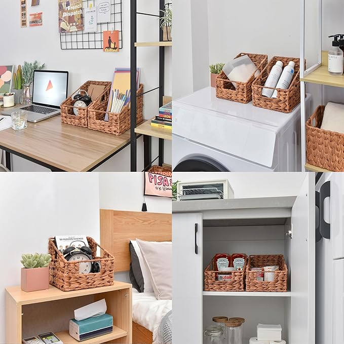 GRANNY SAYS Wicker Storage Baskets for Shelves, Trapezoid Woven Basket with Handles, Waterproof Storage Wicker Baskets for Organizing Pantry Cabinet, Caramel Orange, 2-Pack