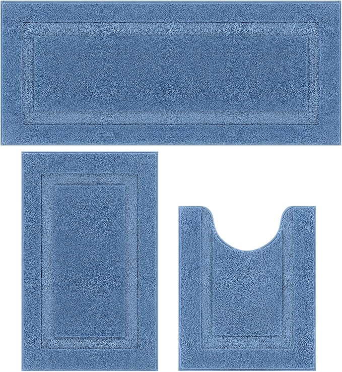 SHACOS Blue Bathroom Rugs Sets 3 Piece, 20"x47"+20"x32" Non Slip Bath Mat and 20"x24" Toilet Rugs U Shaped Washable, Soft Fluffy Water Absorbent Bathroom Floor Mat