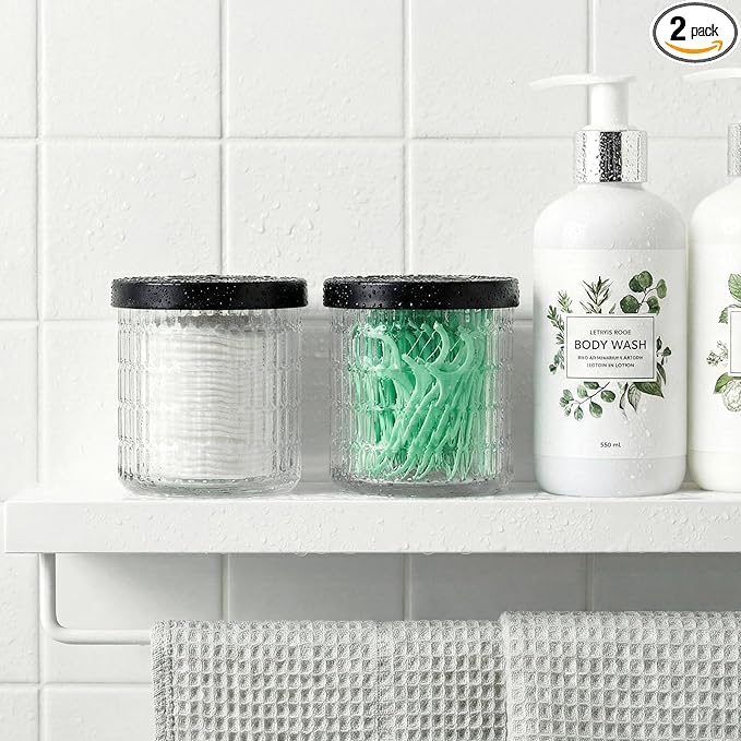 2 Pack Qtip Holder Bathroom Set - Glass Apothecary Jars with Lids, Canisters for Cotton Balls.Swabs, Floss Picks, Hair Ties - Vanity Organizer & Vintage Bathroom Storage (Clear)