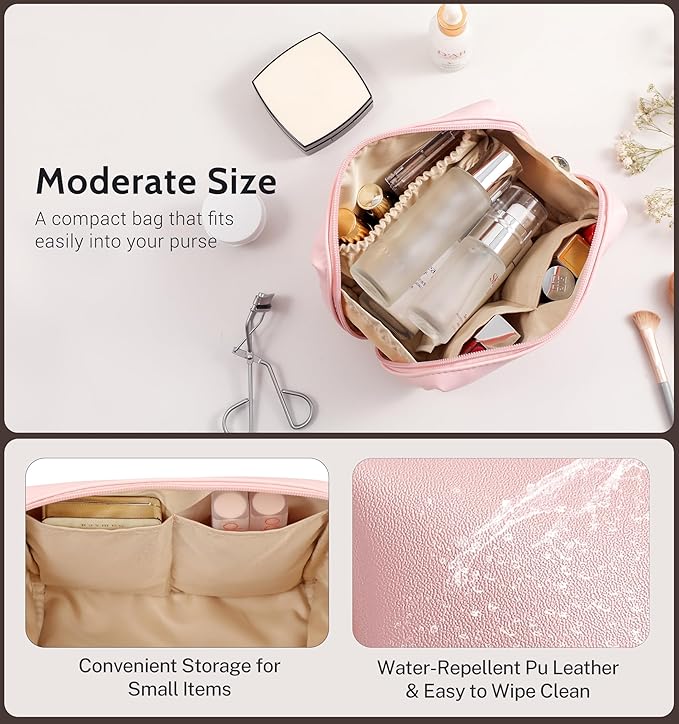 Aveniee Travel Makeup Bag Small, Vegan Leather Cosmetic Pouch for Purse, Wide-open Toiletry Organizer with Dividers & Zipper for Women-Pink