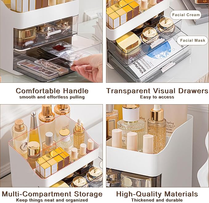 DASITON Makeup Organizer with 2 Drawers, Large Capacity Makeup Cosmetic Organizers for Vanity Dresser Bathroom Countertop, Vanity Organizer Makeup Storage Box for Skincare, Eyeshadow, Lotions (White)