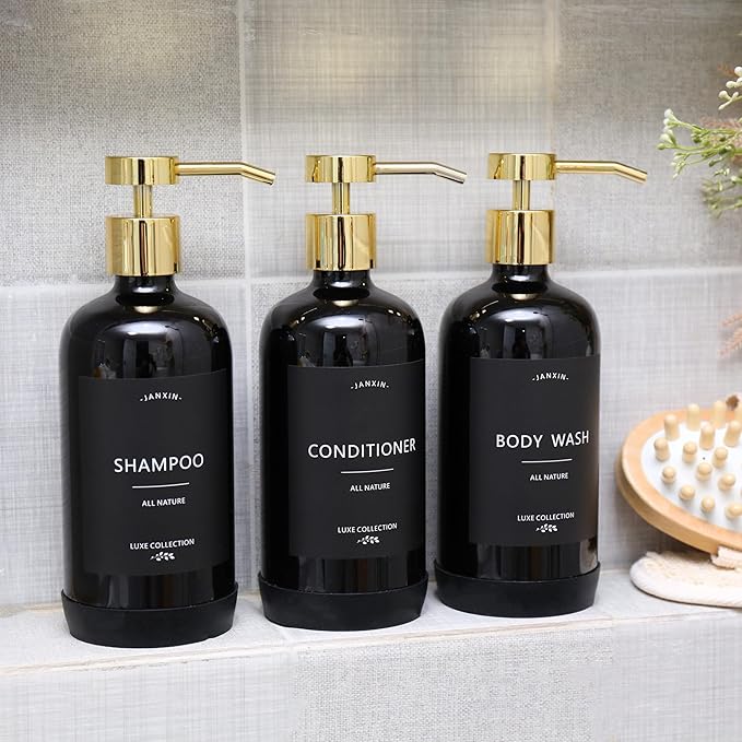Shampoo and Conditioner Dispenser Set of 3,Refillable 21oz Shampoo Bottles with Non-Slip Protective Silicone Pad,Shower Soap Dispenser with Waterproof Labels for Bathroom (Black)