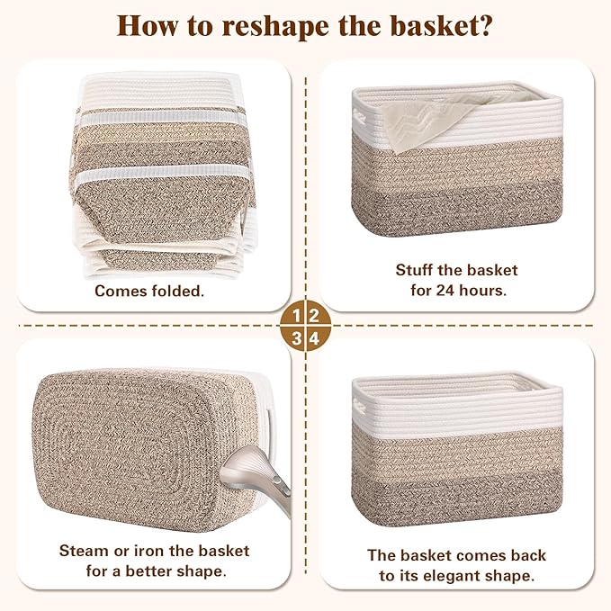 Storage Baskets for Organizing, 4 Pack Baskets for Shelves, Decorative Storage Bins for Shelves, Cotton Rope Storage Basket with Handles, Woven Basket for Storage, 13''Lx8.7''Wx7.9''H, Gradient Brown