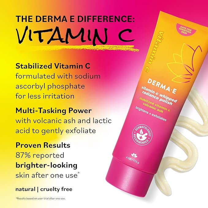 DERMA E Face Exfoliator, Vitamin C Whipped Radiance Polish, 4 Oz, Stabilized Vitamin C & Dual-Action Exfoliation to Help Brighten, Exfoliate & Protect Skin Barrier, Gentle Skin Care