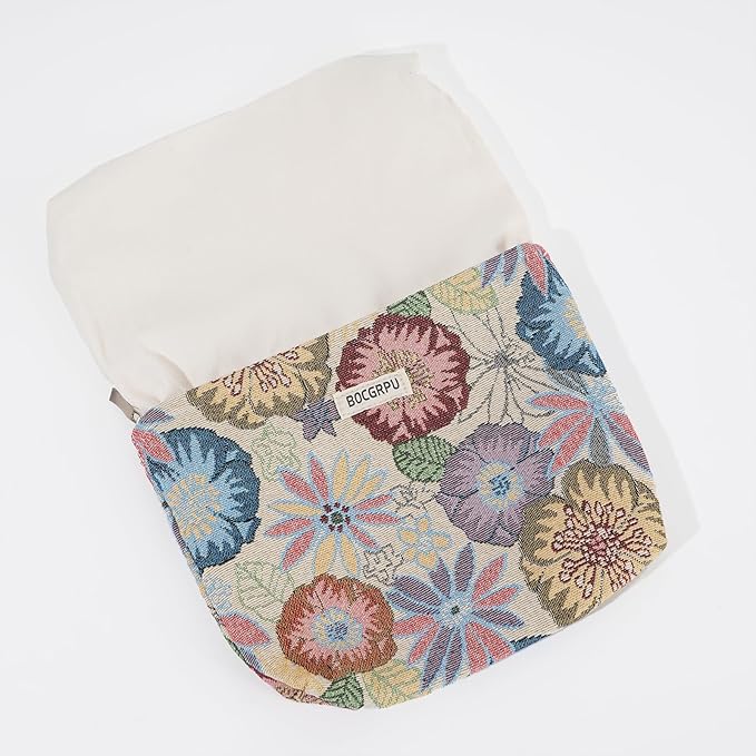 2 PCS Makeup Bag Set Cute Small Cosmetic Bag for Purse ，Large Toiletry Bag Makeup Organizer，Travel Pouch with Zipper for Women, (Flower Garden White)