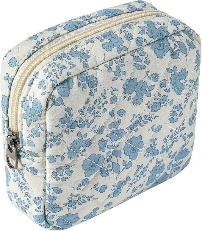Small Quilted Cosmetic Pouch for Purse, Mini Cotton Makeup Bag with Compartments, Cute Zipper Lipstick Holder for Women (07LightBlue Flower)