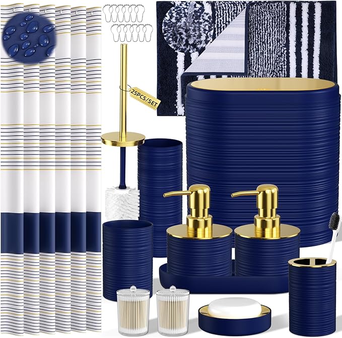 Bathroom Set - Bathroom Sets with Shower Curtain and Rugs, 25PC Bathroom Accessory Set, Blue Bathroom Accessories Set with Trash Can, Soap Dispensers