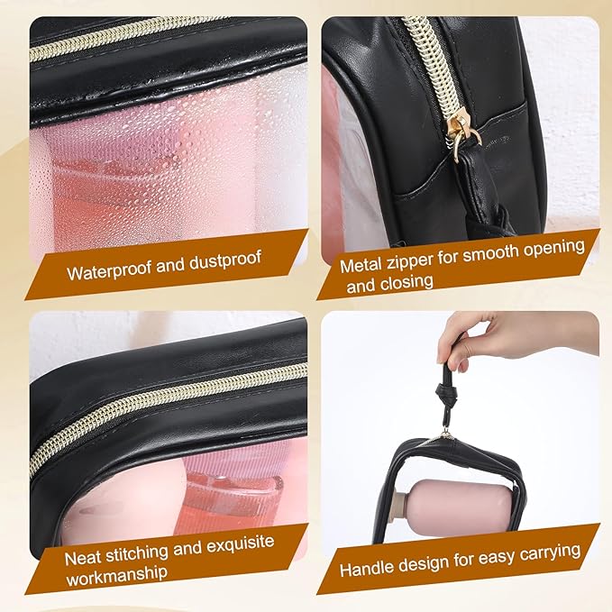 Clear Makeup Bag, PU Leather Small Toiletry Pouch Portable Travel Makeup Pouch Transparent Waterproof Cosmetic Organizer with Zipper for Women Home Travel Office Cosmetic Storage (Black)