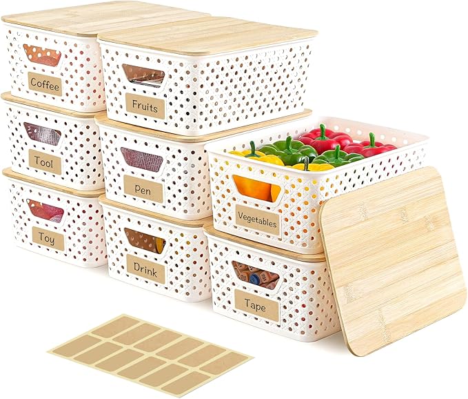 8 Pack Plastic Storage Bins with Bamboo Lids - Stackable Storage Baskets with Handle for Pantry Organizer and Storage, Plastic Containers Bins Lidded Storage Bins for Classroom Office Shelves