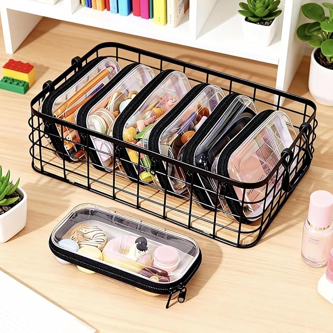 2PC Black Small Clear Hard Shell Zipper Case, Double Zippers Plastic Storage Box for Snacks Makeup Toiletries & Cosmetic Tools
