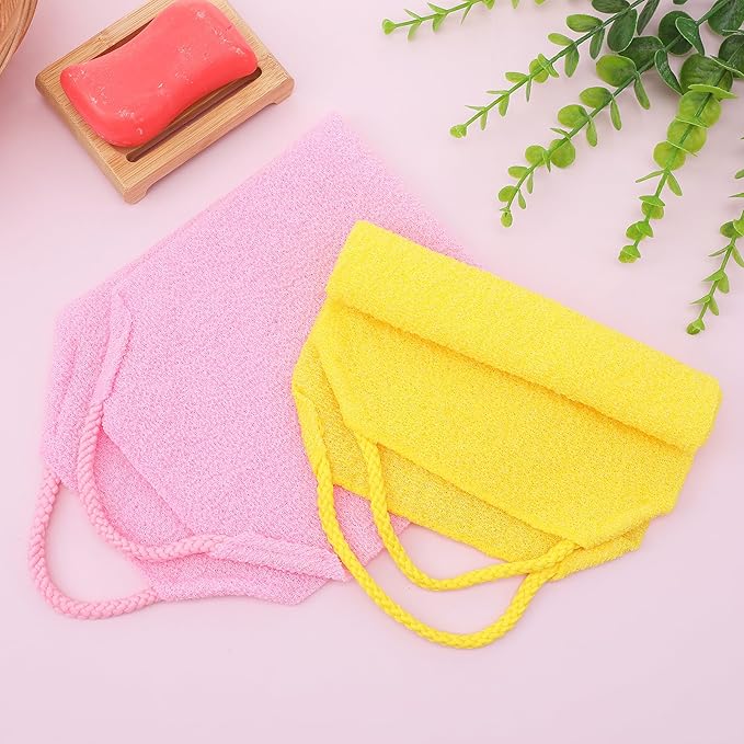 2Pcs Exfoliating Back Scrubber with Handles Nylon Double-Sided Body Scrubber Towel Back Exfoliator Extended Length Washers Scrubbers Stretchable Pull Strap Exfoliating Washcloth (Pink Beige)