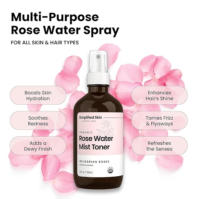 Organic Rose Water Spray for Face & Hair – Pure Rosewater Toner – Refreshing Mist for Skin Care, Makeup & Locs – Natural Rose Scent, 4 Oz (2 Pack)
