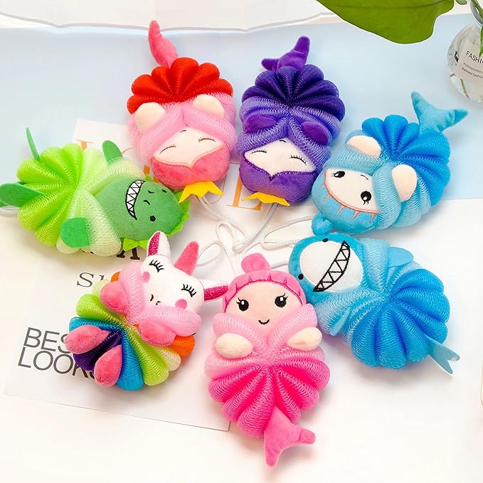 MURRI&MURRDI 3 Pack Kids Bath Sponges,Soft Animal Shower Poufs, Gentle Exfoliating Body Scrubber for Toddlers, Cute Cartoon Mesh Loofah Gift Set for Boys & Girls