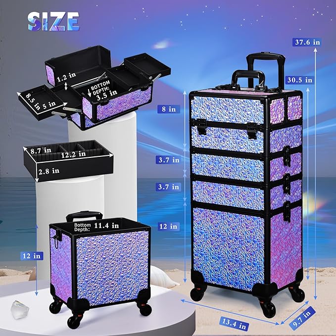 Stagiant Rolling Makeup Case Cosmetology Case on Wheels 4 in 1 Makeup Travel Case Extra Large Cosmetic Box with Key Make Up Artist Traveling Storage Nail Case Salon Barber Cart Trunk Shiny Purple