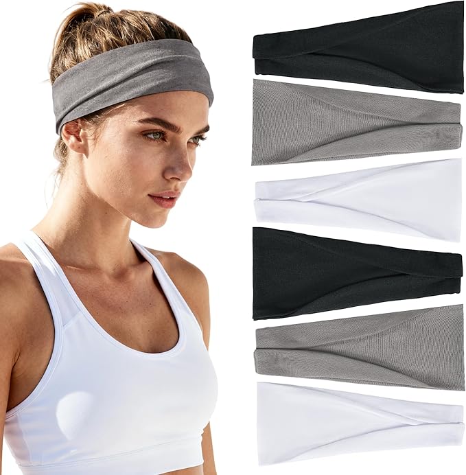 Headbands for Women Non-Slip Workout Hair Bands, 6 Pack Stretchy Athletic Soft Sweatbands, Elastic Cloth Fabric Headband, Fashion Head Bands for Yoga Running Sports Gym Sports Exercise