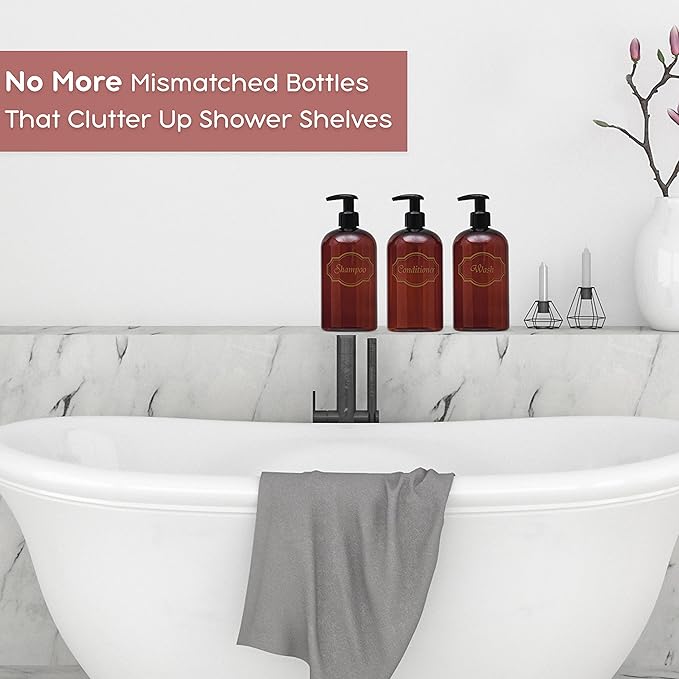Bottiful Home-16 oz Shampoo, Conditioner, Wash Refillable Empty Plastic Pump Bottle Dispenser Set (Amber)