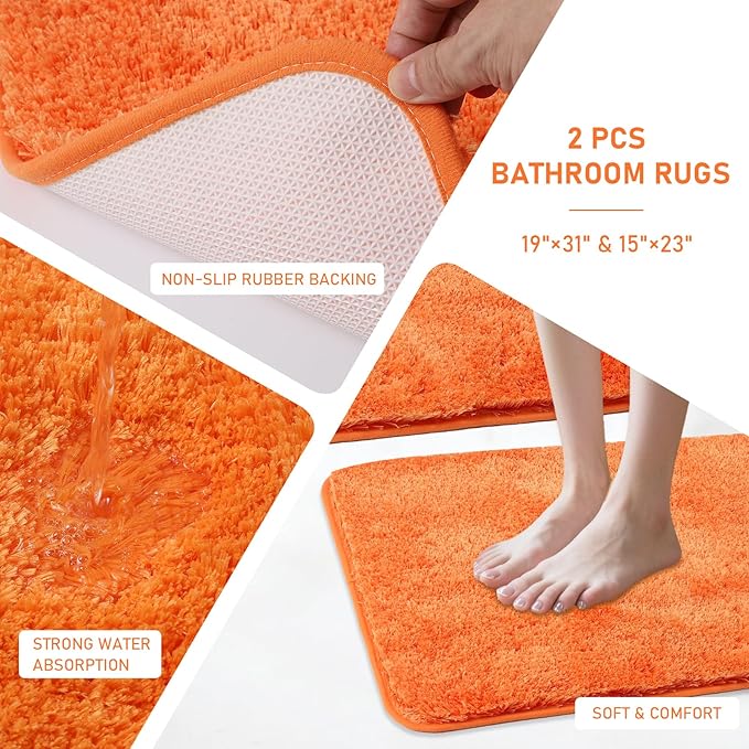 11PCS Bathroom Sets with Shower Curtain and Rugs Bathroom Accessories Set Orange Bathroom Set,Soap Dispenser & Toilet Brush Holder Set with Stainless Steel Trash Can