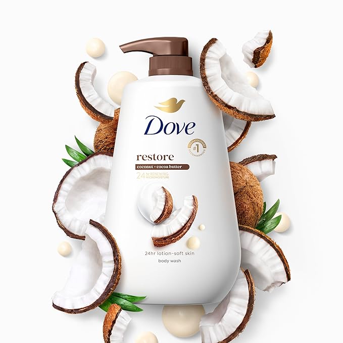 Dove Body Wash with Pump Restore Coconut & Cocoa Butter for 24hr Lotion-Soft Skin Moisturizing Skin Cleanser with No Sulfates No Parabens 30.6 Oz (Pack of 3)