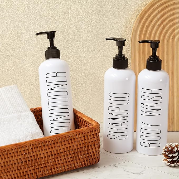 HOMCDALY Shampoo and Conditioner Dispenser, 16oz 3-Pack Refillable Pump Bottles, Shampoo Conditioner Body Wash Dispensers Bottles, Bathroom Shampoo Dispenser Set(White