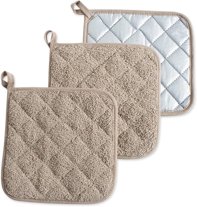 DII Basic Terry Collection Quilted 100% Cotton, Potholder, Stone, 3 Piece
