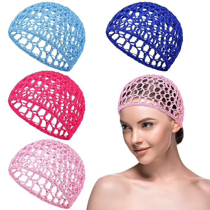 Geyoga 4 Pieces Mesh Crochet Hair Net Rayon Knit Snood Hat Thick Short Women Hairnet Snoods Cover Ornament for Sleeping (Royal Blue, Sky Blue, Rose Red,Pink)