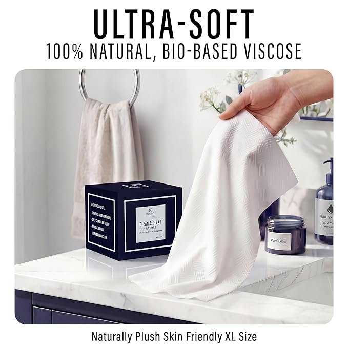 Clean & Clear Face Towels, Disposable Luxury Facial Towels, 100% Viscose Lint-Free Ultra Soft Dry Wipes for All Skin Types, Facial Drying & Gentle Makeup Removal, XL 10×12 Size, 50 Count