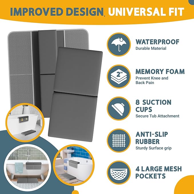 Baby Bath Kneeler and Elbow Rest Pad Set, 2-Inch Thick, Memory Foam, Water-Resistant Mat – Bath Time Essentials Cushion and Bath Kneeling Pad for Bathing Baby with Bathtub Toy Organizer.