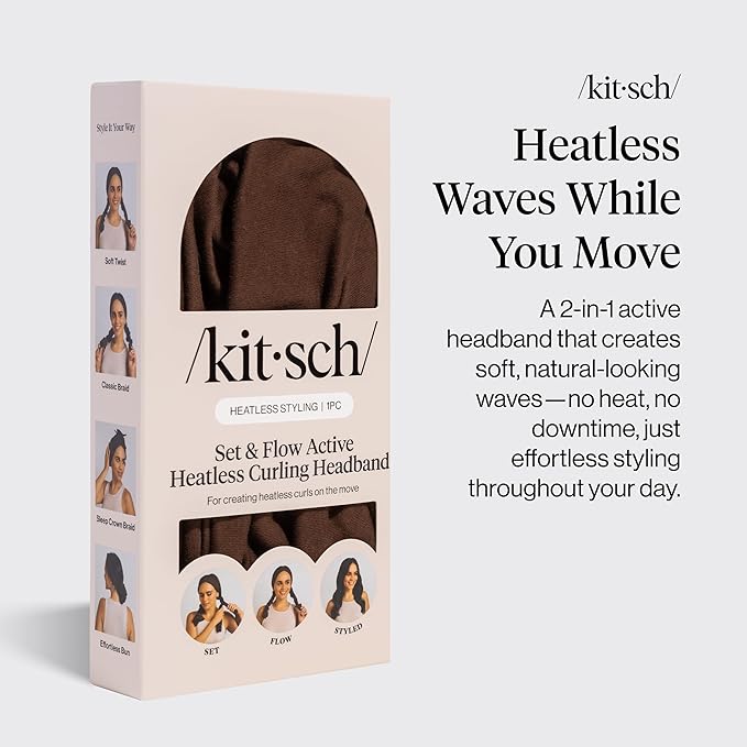 Kitsch Set & Flow Active Heatless Curling Headband For Women – Achieves Heatless Curls Overnight, No Heat Damage | Heatless Curlers with Flexible Fit | Great During Gym, Travel - Chocolate Brown, 1pc