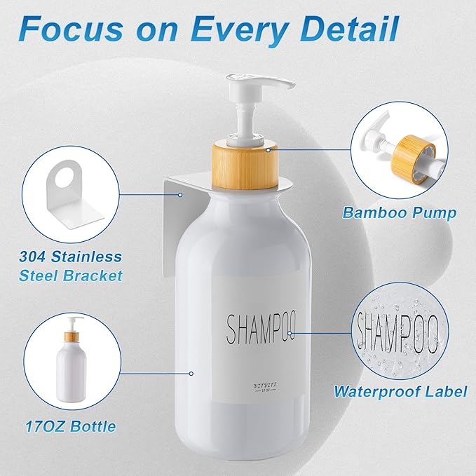 VITVITI Shampoo and Conditioner Dispenser, Body Wash Shower Soap Dispenser Wall Mounted 3 Chamber, Drill Free 17oz Plastic Shower Bottles for Bathroom, White 3 Sets