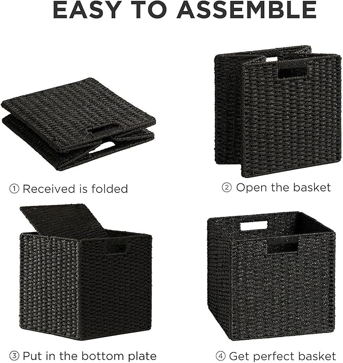 UBBCARE 2 Pack Wicker Basket, 11L×11H×10.5W inch Woven Paper Rope Storage Baskets for shelves, Foldable Cube Storage bin with Handle, Storage Basket for Organizing (Black, Cube-2pack 11")