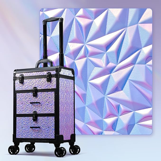 Adazzo Professional Rolling Makeup Train Case with Drawers, Large Cosmetic Trolley with Locks, Cosmetics Storage Organizer Make up Case for Travel Makeup/Nail Art/Hair Styling, Shiny Pink