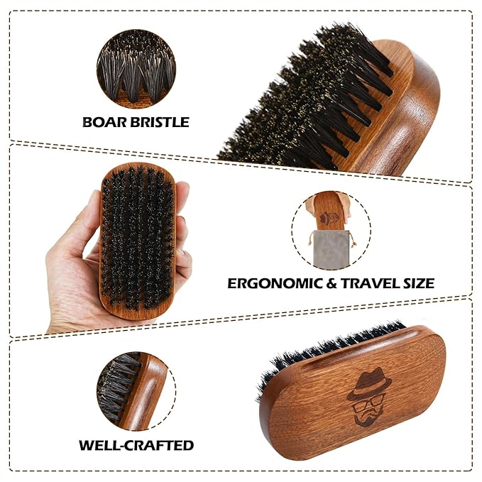 Beard Brush for Men, Boar Bristle Black Walnut Wood Beards and Mustaches Grooming Set Including Pure Boar Bristle Beard Brush, Beard Comb, Mustache Scissors, and Travel Bag
