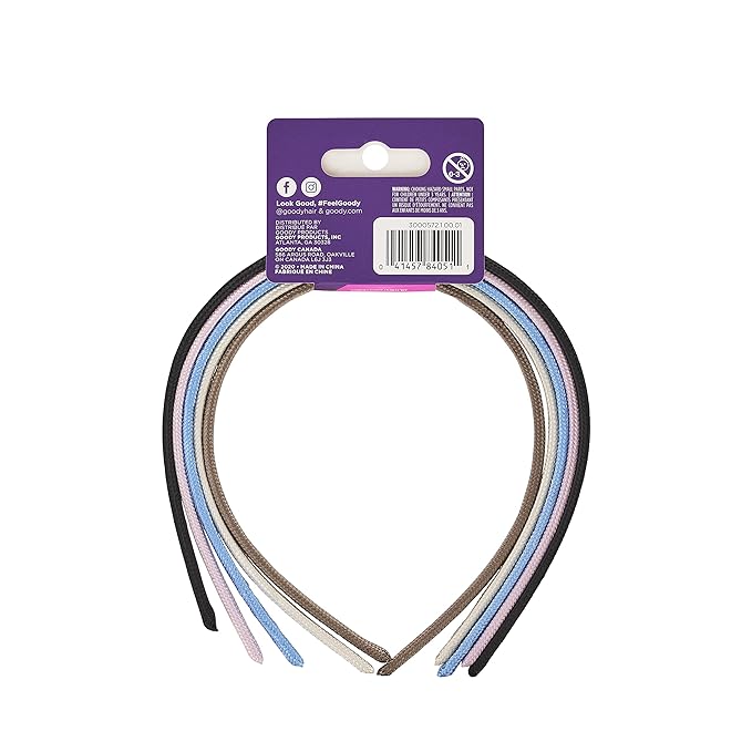 Goody Ouchless Shoestring Headbands, 5 Ct, Assorted Colors, Stylish & Lightweight Thin, Damage-Free Fabric Headbands for Women & Men, All-Day Comfort, For All Occasions, All Hair Types