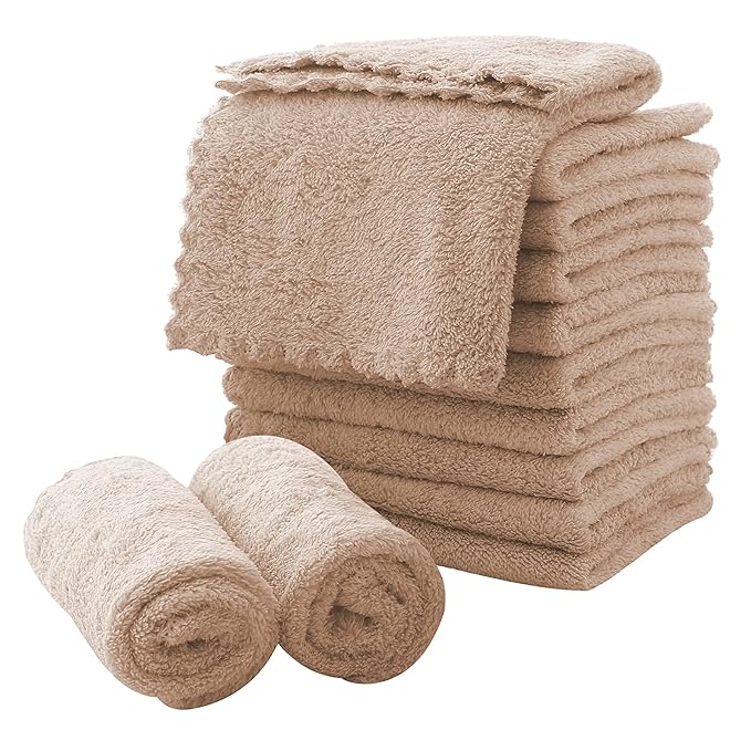MOONQUEEN Microfiber Facial Cloths Fast Drying Washcloth 12 Pack - Premium Soft Makeup Remover Cloths - Brown