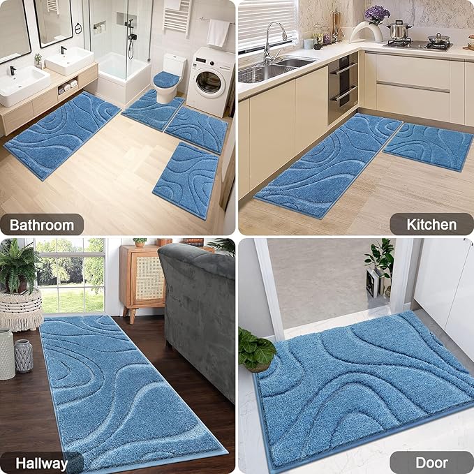 HEBE Bathroom Rugs Sets 5 Piece, Soft Absorbent Microfiber Bath Mat for Bathroom, Non Slip Washable Bath Rug Set with Toilet Cover, Bath Runner and U-Shaped Contour Toilet Rug, Blue