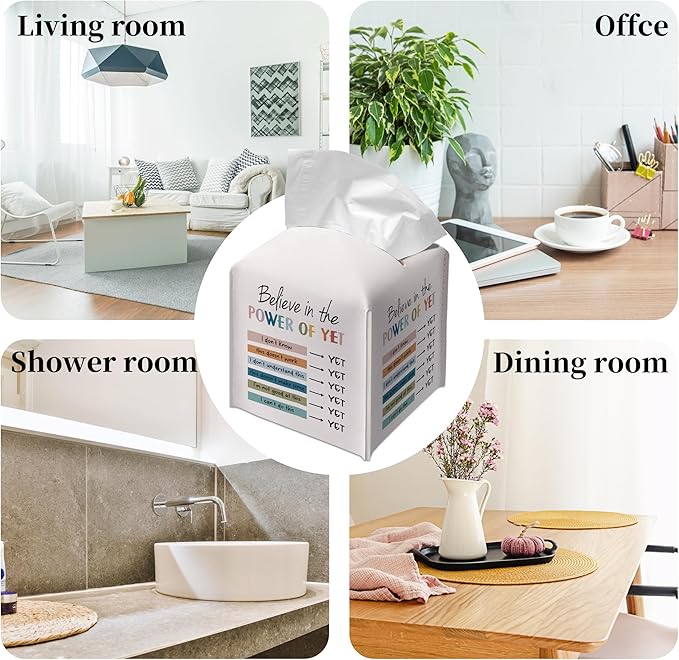 Grace Yonks Cute Tissue Box Cover Square - Power of Yet Growth Mindset Design 5.2" PU Leather Holder for Vanity, Desk, or Bathroom Counter - Cube Case for Facial Tissues(018)