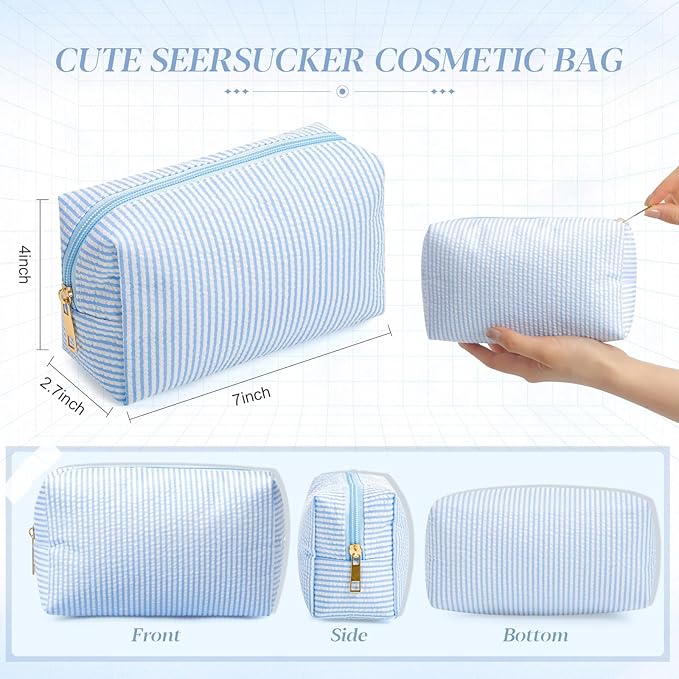 Sanwuta 12 Pcs Seersucker Cosmetic Bags Bulk Seersucker Makeup Bags Stripe Women Pouch Large Preppy Storage Pouch Toiletry Travel Organizer for Wedding Bridesmaid Bride Favor Mom Gift (Light Blue)