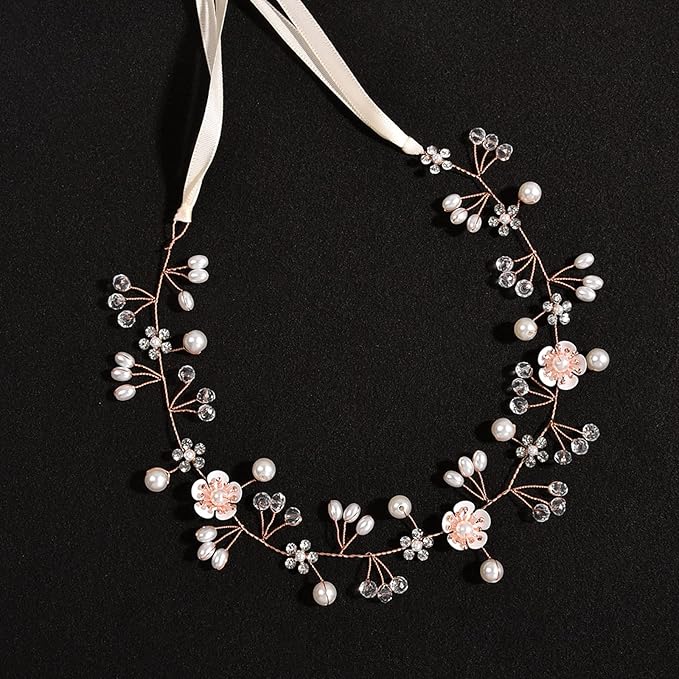 Flower Girl Hair Accessory - Princess Headpiece with Pearl Headband for Kids, Bridal Wedding, and Women (Rose Gold)