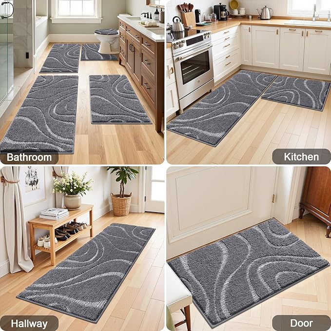 HEBE Bathroom Rugs Sets 5 Piece, Soft Absorbent Microfiber Bath Mat for Bathroom, Non Slip Washable Bath Rug Set with Toilet Cover, Bath Runner and U-Shaped Contour Toilet Rug, Stone Grey